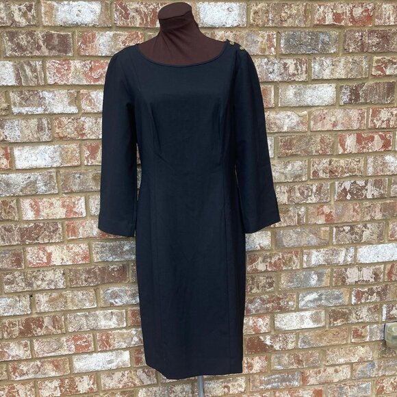 Tory Burch Black Puff Shoulder Gold Buttons Boat Neckline Goth Sheath Dress 8 - Picture 1 of 6